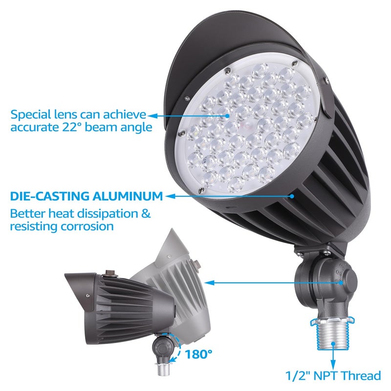LEONLITE 20W/30W/40W 3CCT LED Bullet Flood Light, 4880LM 3000K/4000K/5000K, Dusk to Dawn 22Â°Focused Flag Pole Light with Knuckle Mount, Weatherproof, 100-277V Commercial Landscape Lights, ETL Listed - Image 4